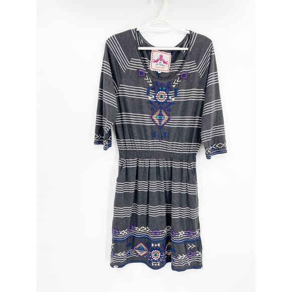 Johnny Was Striped Embroidered Gray Dress Size M - Picture 1 of 5